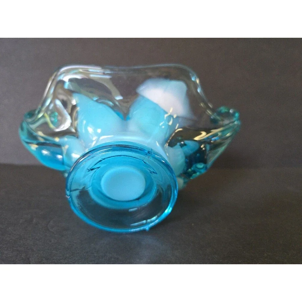 Vintage Aqua Blue & White Starfish Glass Centerpiece Bowl Freeform Retro Decor